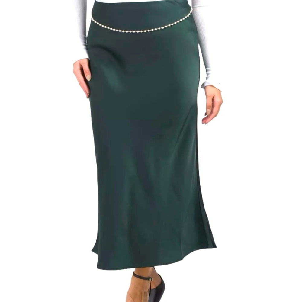 Rachel Zoe deep emerald satin midi slip skirt with belt